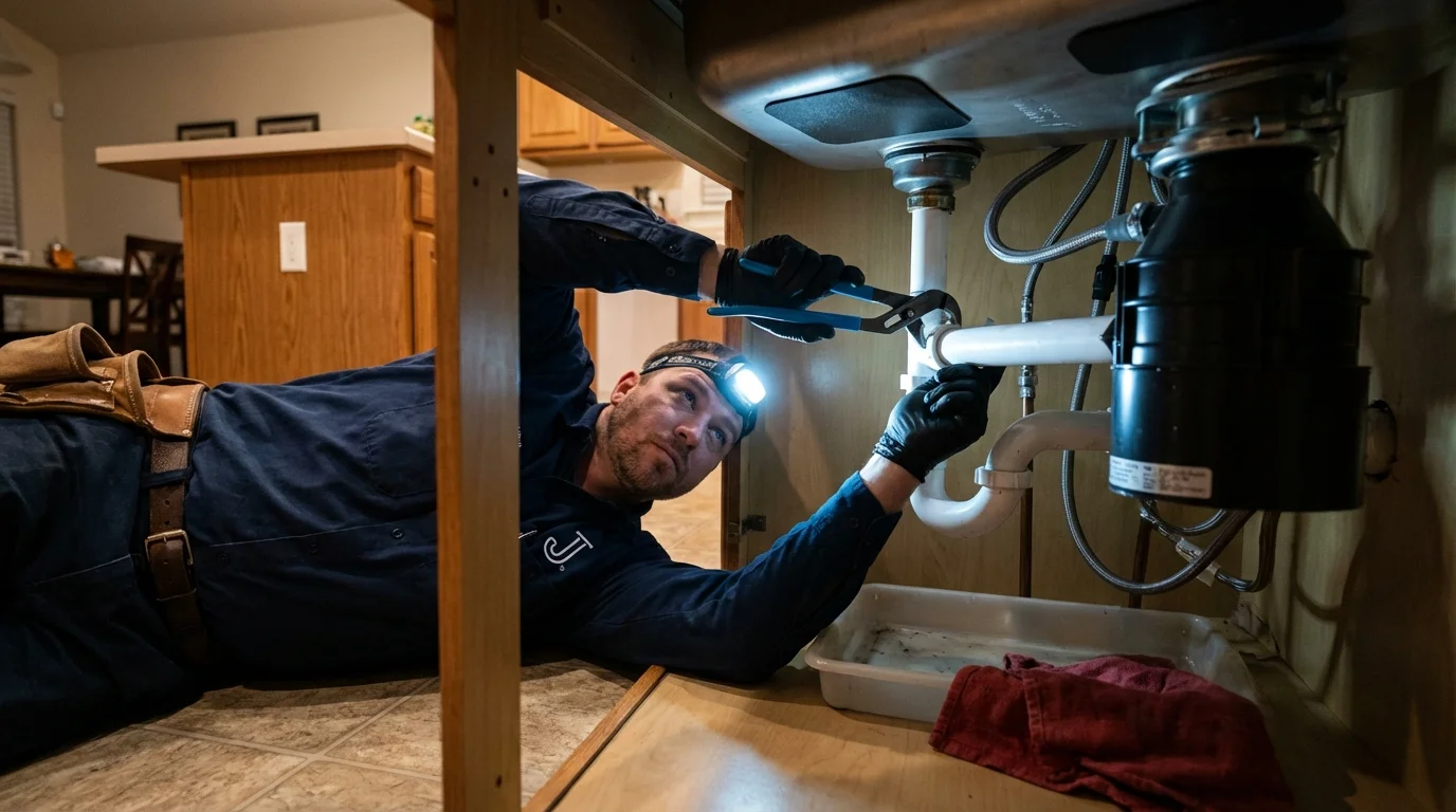 P-trap and supply line connections under a kitchen sink showing a common leak point in Bartlett, TX